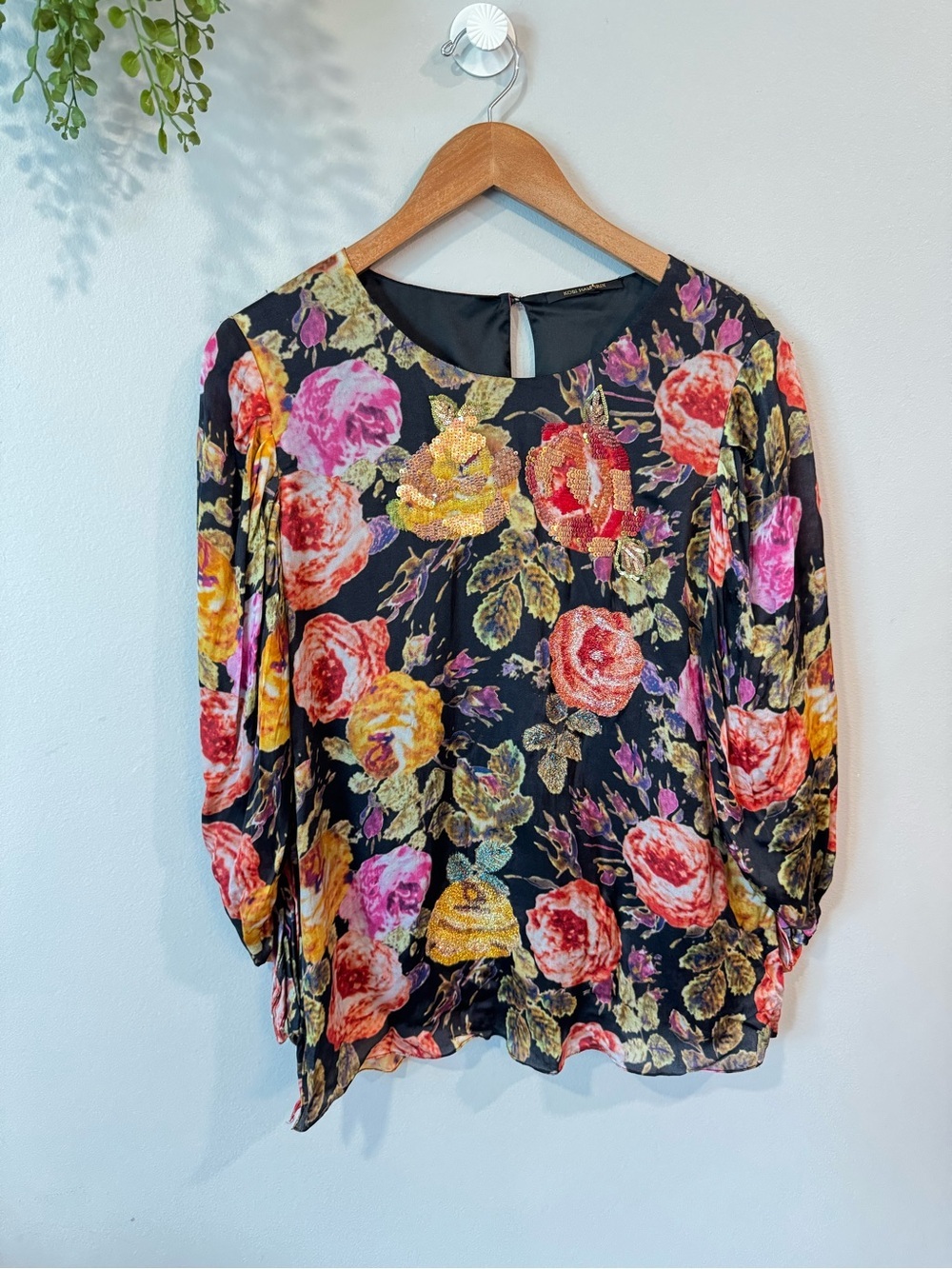 Kobi Halperin Black Floral Sequin-Embellished Long Sleeve Blouse Sz Large